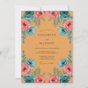 Invitación Boda de flor silvestre turquesa mostaza