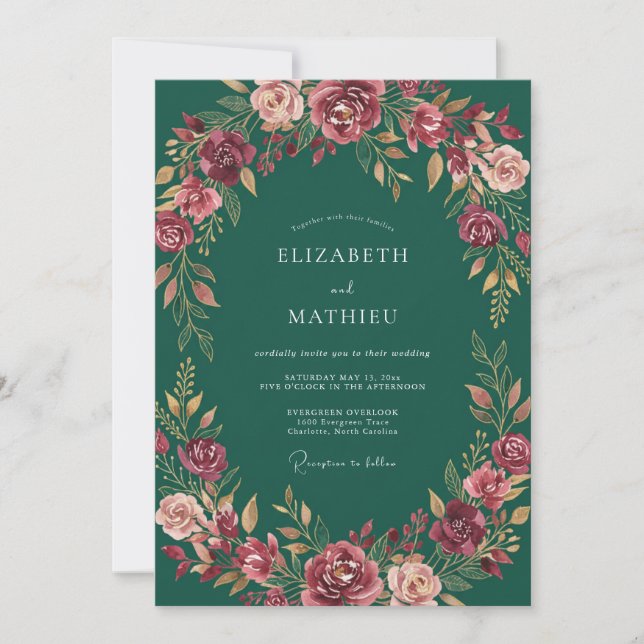 Invitación Boda de Flor Silvestre Verde Estatuaria (Anverso)