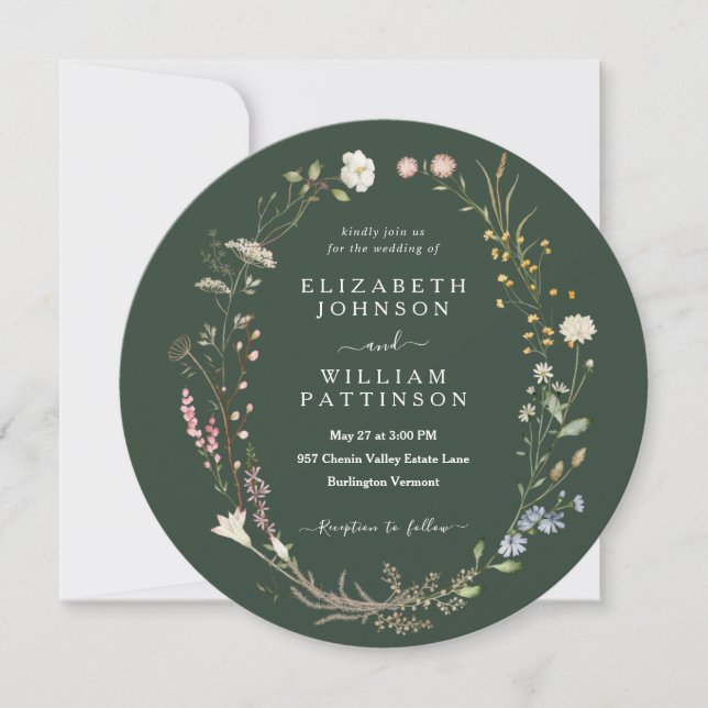 Invitación Boda de Flor Silvestre Verde Oscuro (Anverso)