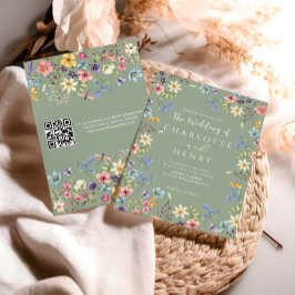 Invitación Boda de Flor Silvestre Verde Sage de código QR mod