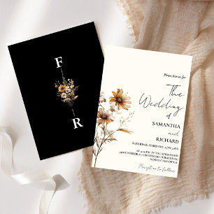 Invitación Boda de Flor Silvestre Whimsical Monograma BLack