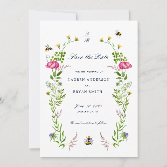 Invitación Boda de Flor silvestre y abeja Salva la Fecha (Anverso)