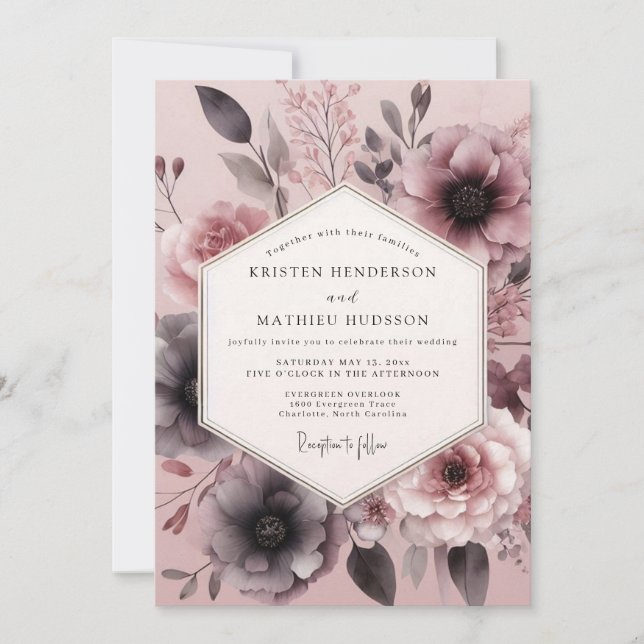 Invitación Boda de Flor Sombría Rosa Polvorienta (Anverso)