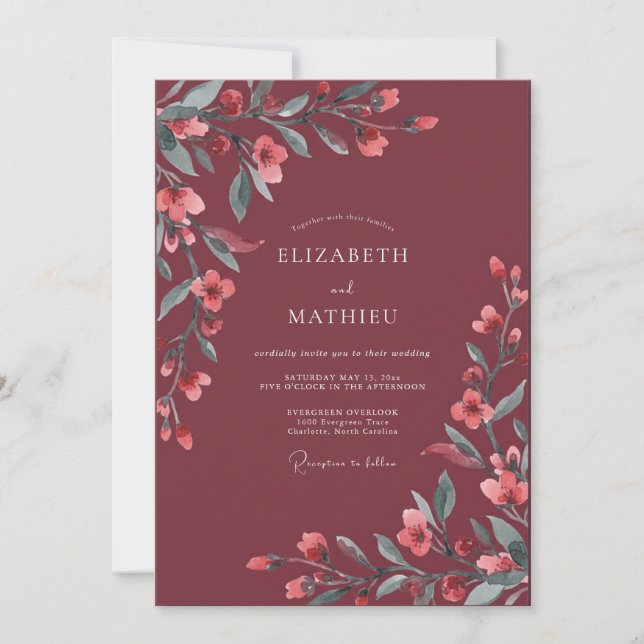 Invitación Boda de Flor Soñadora Granate (Anverso)