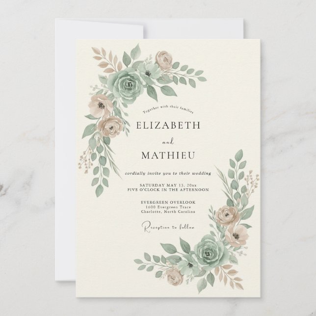 Invitación Boda de Flor Soñadora Verde Salvia (Anverso)