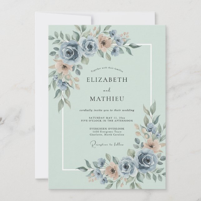 Invitación Boda de Flor Suave Azul Polvoriento (Anverso)