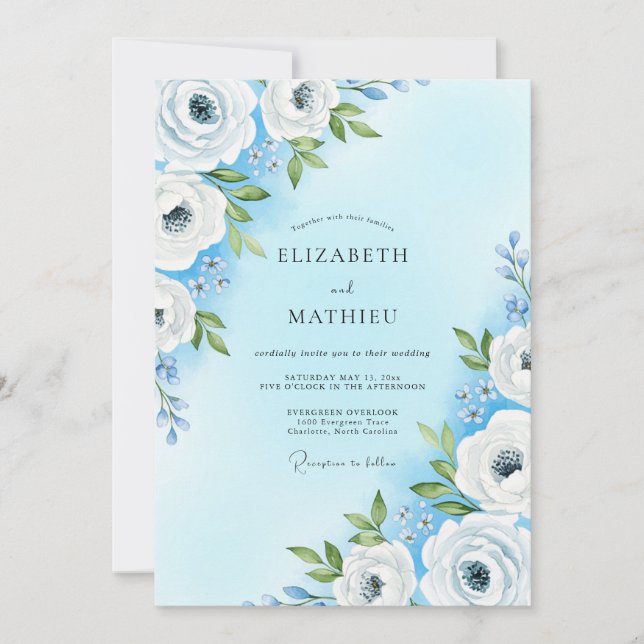 Invitación Boda de Flor Suave Cielo Azul (Anverso)