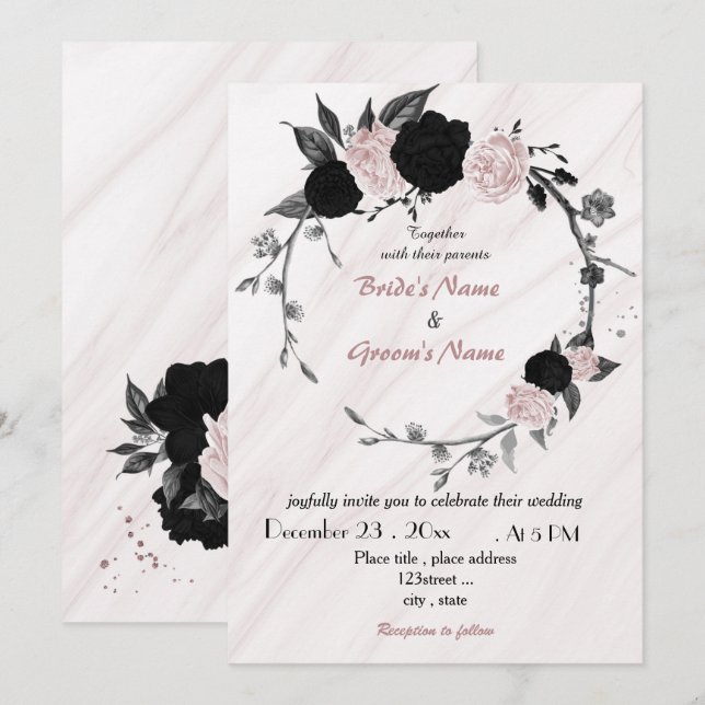 Invitación boda de flor suave rosa y negro (Anverso / Reverso)