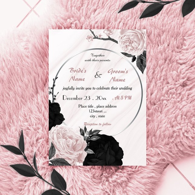 Invitación boda de flor suave rosa y negro (Subido por el creador)