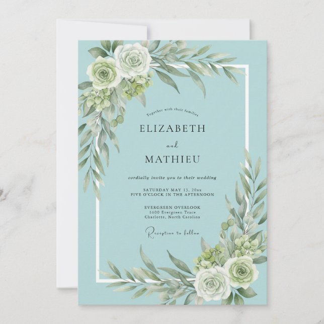 Invitación Boda de Flor Suave Verde Azul (Anverso)