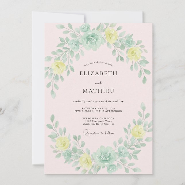 Invitación Boda de flor suave verde menta (Anverso)