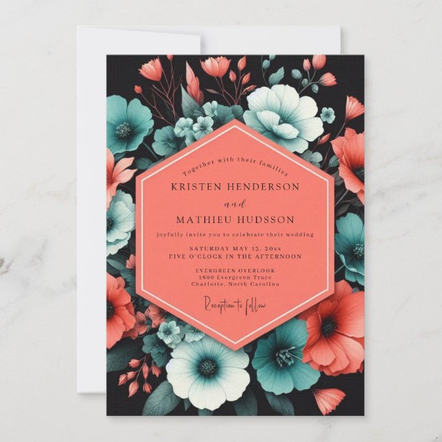 Invitación Boda de Flor Teal Negra (Anverso)