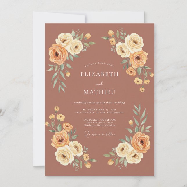 Invitación Boda de Flor Terracota Floreciente (Anverso)