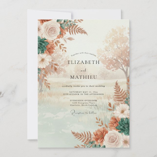 Invitación Boda de Flor Terracota Silenciada (Anverso)