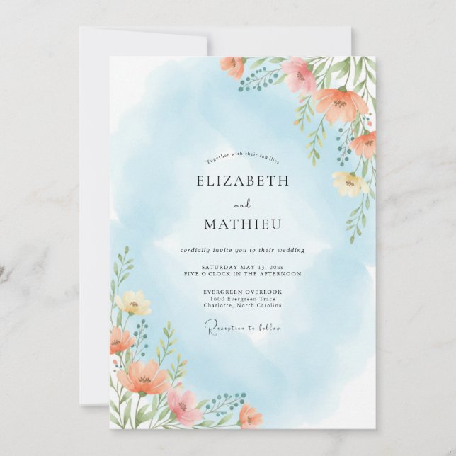 Invitación Boda de Flor Verde Azul Celeste (Anverso)