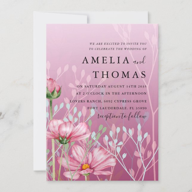 Invitación Boda de Flor y Foliage Rosa (Anverso)