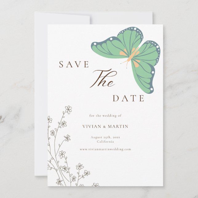 Invitación Boda de Flor y Mariposa Salvar La Fecha (Anverso)