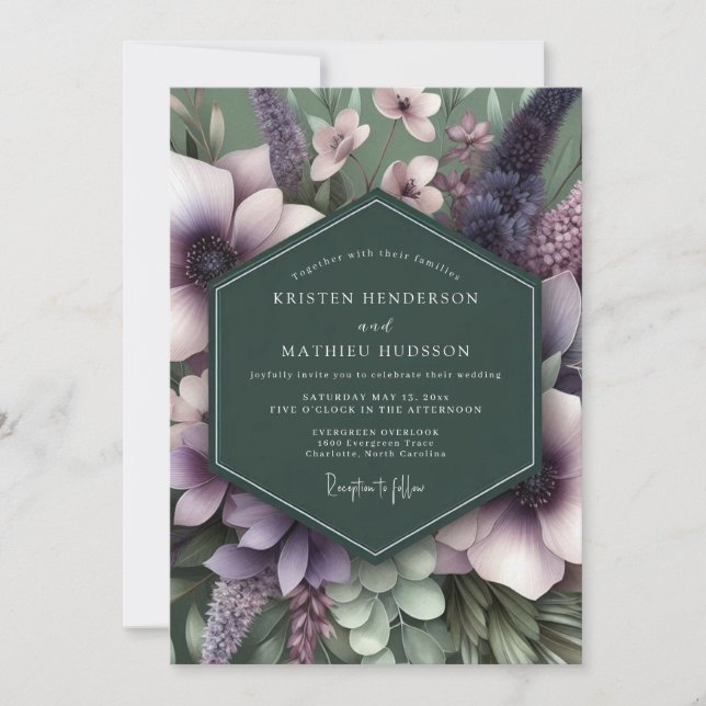 Invitación Boda de Flora Artística Esmeralda y Malva (Anverso)