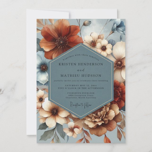 Invitación Boda de Flora Auburn Azul Pizarra (Anverso)