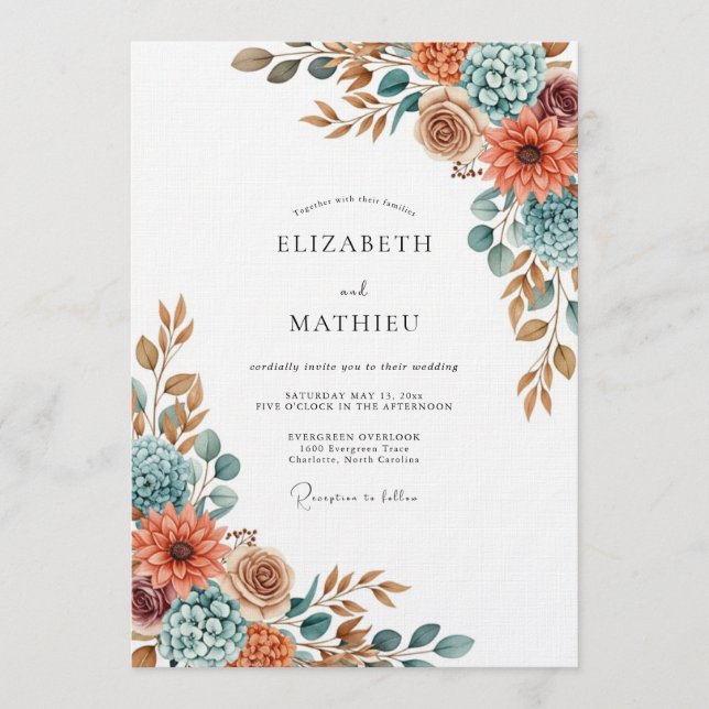 Invitación Boda de Flora Azul Terracota Pintada (Anverso)