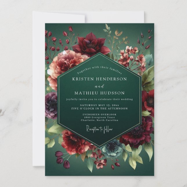 Invitación Boda de Flora Barroca Verde Cazador (Anverso)