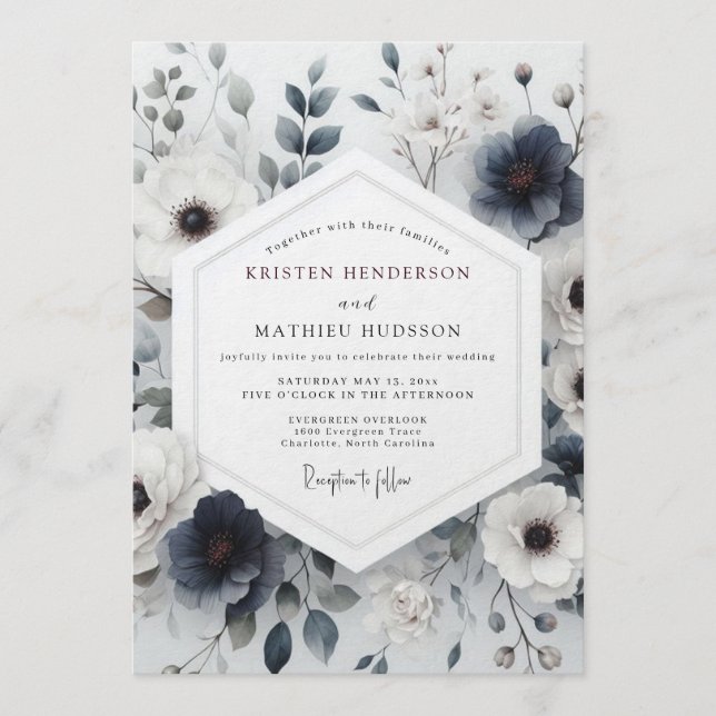 Invitación Boda de Flora Caprichosa Azul Pizarra (Anverso)