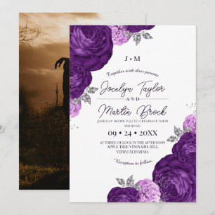 Invitación Boda de Flora caprichosa moderna púrpura y blanca
