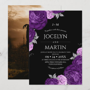 Invitación Boda de flora caprichosa negra y púrpura