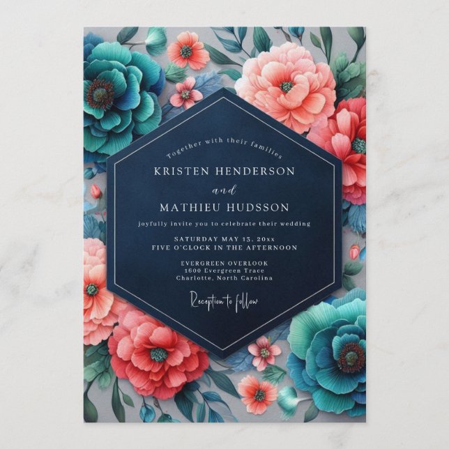 Invitación Boda de Flora Cromática Coral Teal (Anverso)
