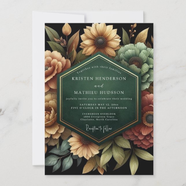 Invitación Boda de Flora Dorada Esmeralda (Anverso)