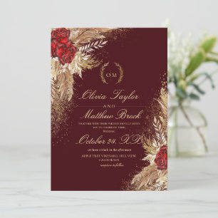 Invitación Boda de Flora elegante de color oro y borgoña