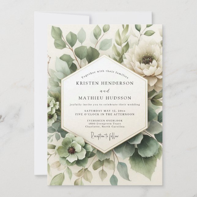 Invitación Boda de Flora Embadurnada Verde Salvia (Anverso)