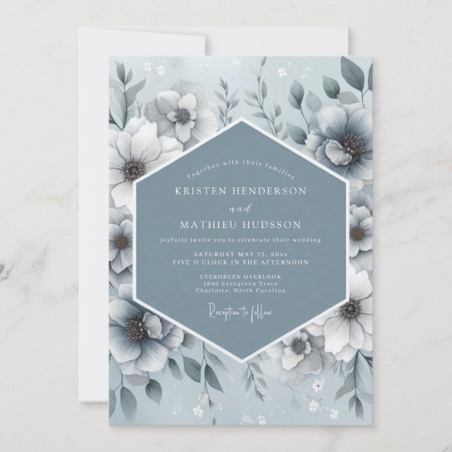 Invitación Boda de Flora Etérea Azul Acero (Anverso)