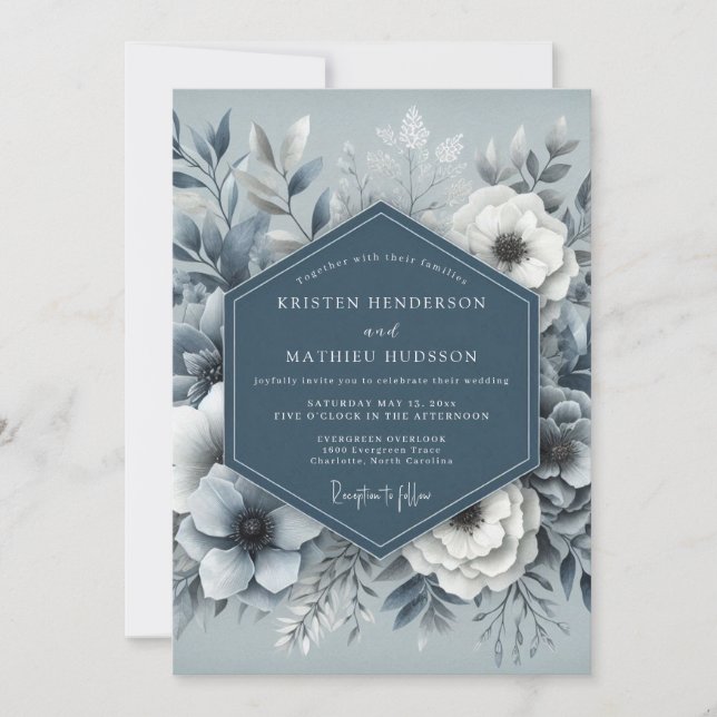 Invitación Boda de Flora Etérea Azul Polvoriento (Anverso)