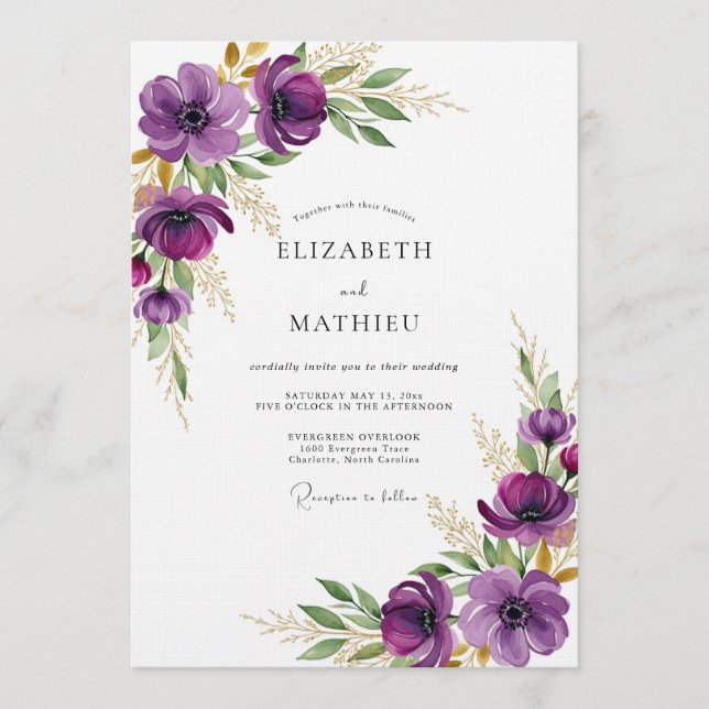 Invitación Boda de Flora Etérea Ciruela (Anverso)