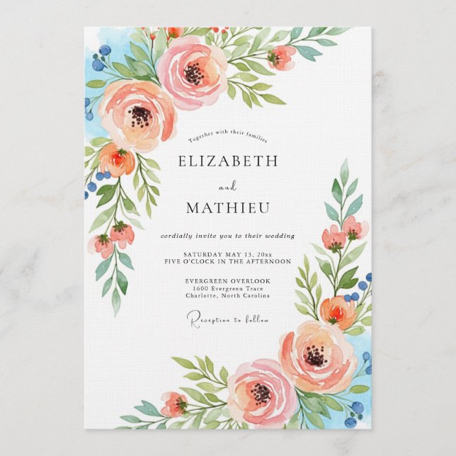 Invitación Boda de Flora Etérea de Melocotón (Anverso)