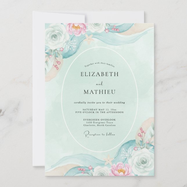 Invitación Boda de Flora Etérea Verde Te (Anverso)