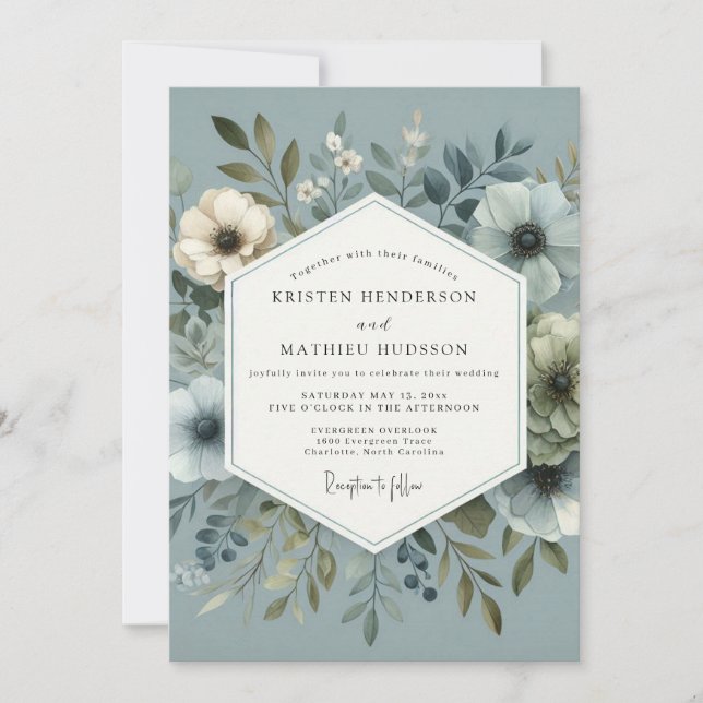 Invitación Boda de Flora Ganadora Azul Pizarra (Anverso)