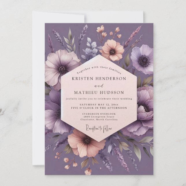 Invitación Boda de Flora Impresionista Ciruela (Anverso)