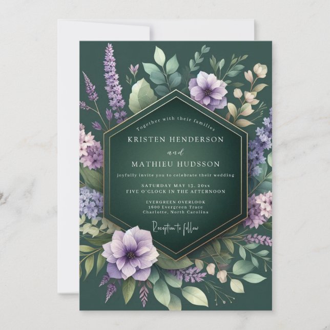 Invitación Boda de Flora Lavanda Esmeralda (Anverso)