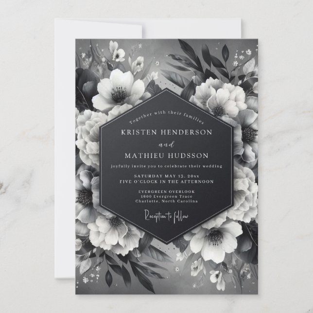 Invitación Boda de Flora Luminosa de Ónix (Anverso)