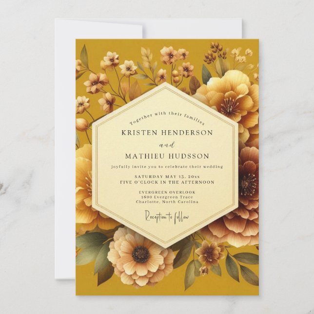 Invitación Boda de Flora Luminosa Dorada (Anverso)