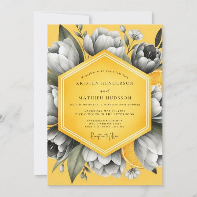 Invitación Boda de Flora Monocroma Goldenrod (Anverso)