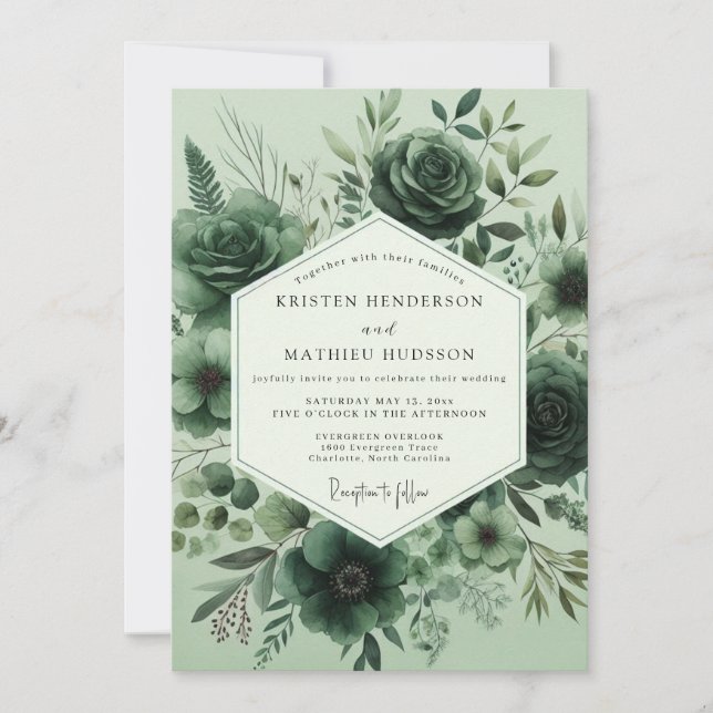 Invitación Boda de Flora Monocromática Sage (Anverso)