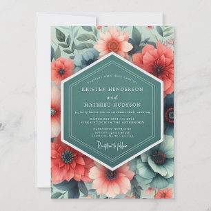 Invitación Boda de Flora Opulenta Coral Teal