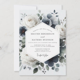 Invitación Boda de Flora Painterly Azul Pizarra