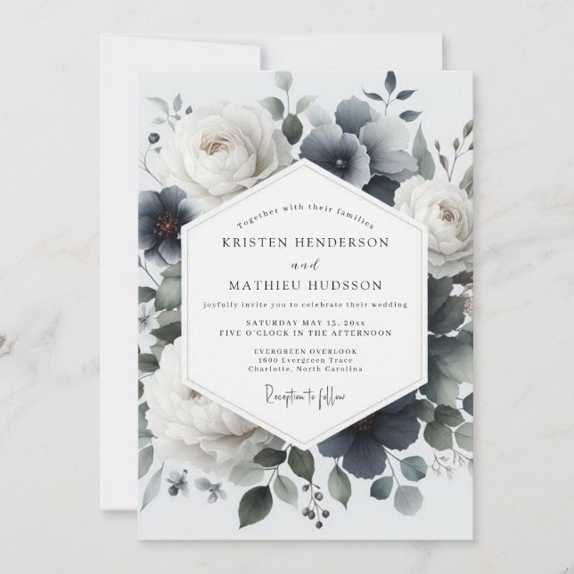 Invitación Boda de Flora Painterly Azul Pizarra (Anverso)