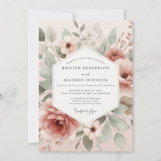 Invitación Boda de Flora Painterly Rosa Polvorienta (Anverso)