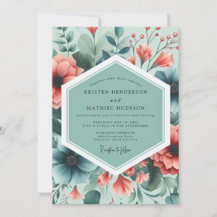 Invitación Boda de Flora Pintada Coral Teal
