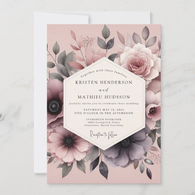 Invitación Boda de Flora Romántica Malva (Anverso)
